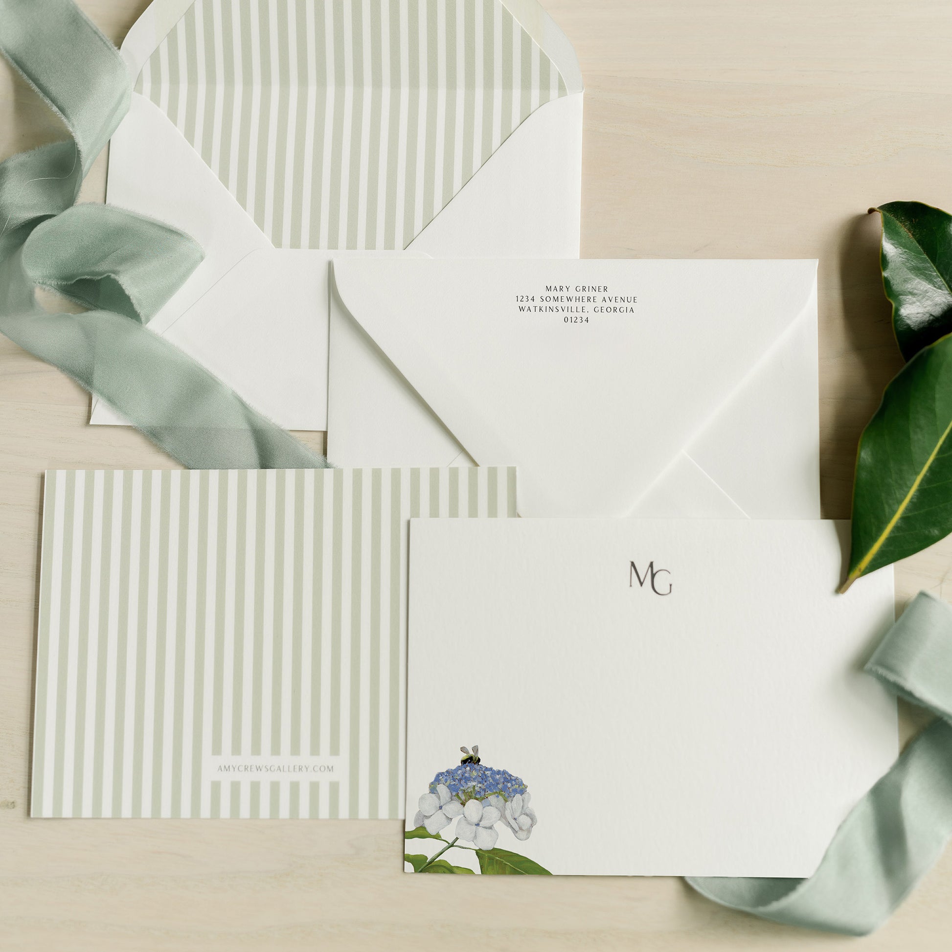 Hydrangea Bee (Green)- Personalized Notecards Flat Lay- Amy Crews Gallery