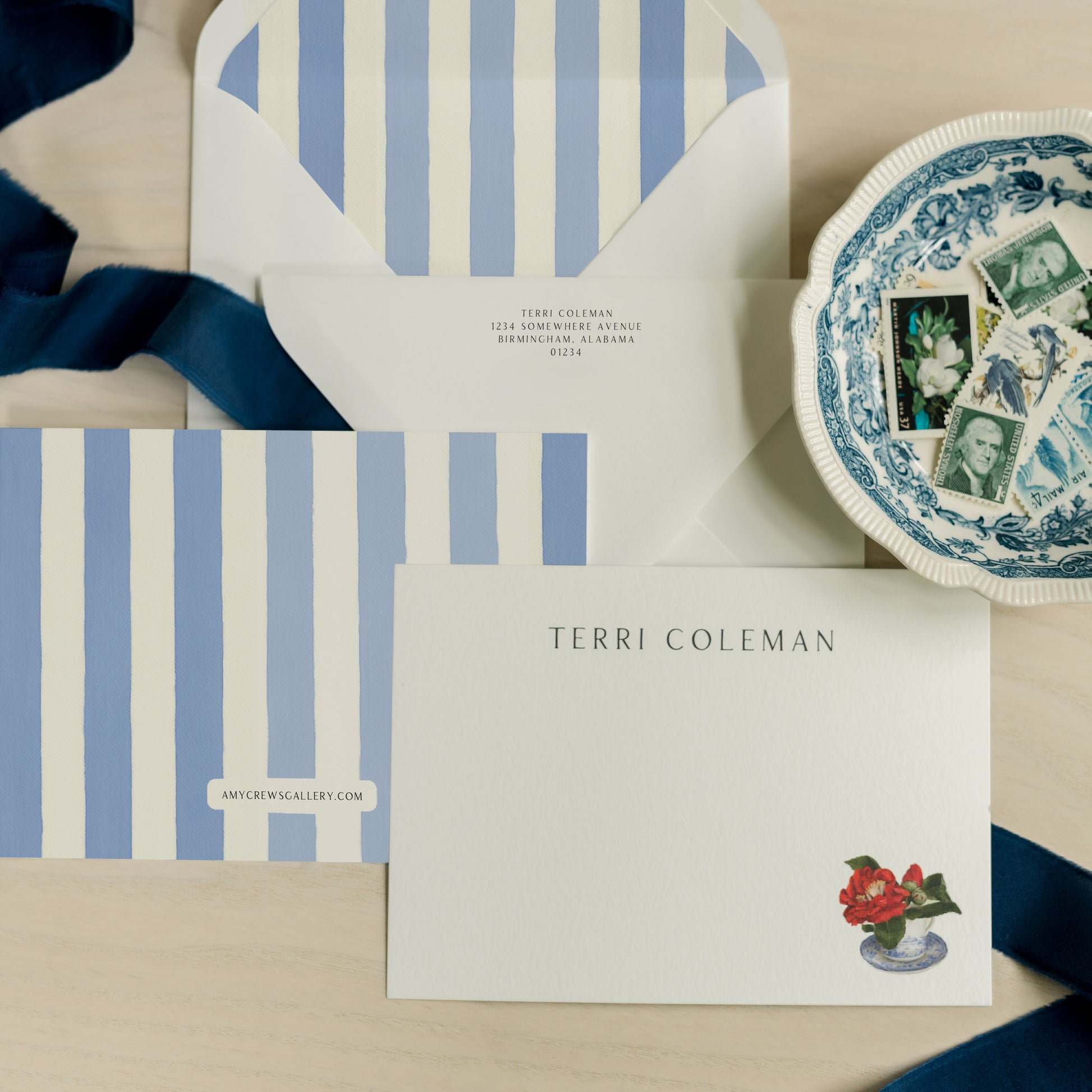 Camellia Teacup Personalized Notecards | Custom Fine Art Stationery | Amy Crews Gallery