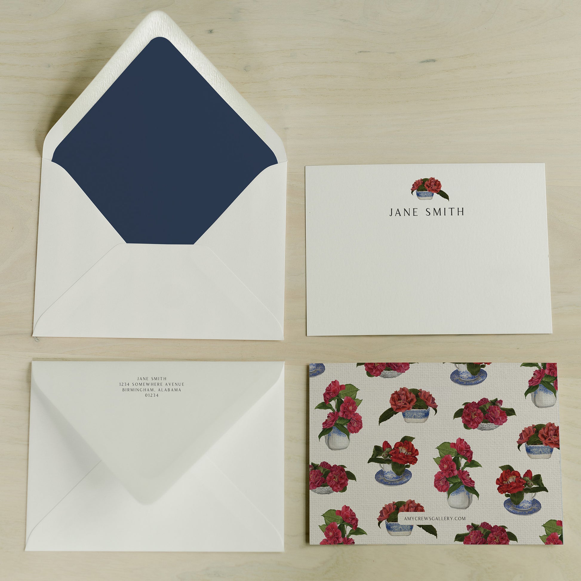 Red  Camellia Pattern Personalized Notecards | Custom Fine Art Stationery | Amy Crews Gallery