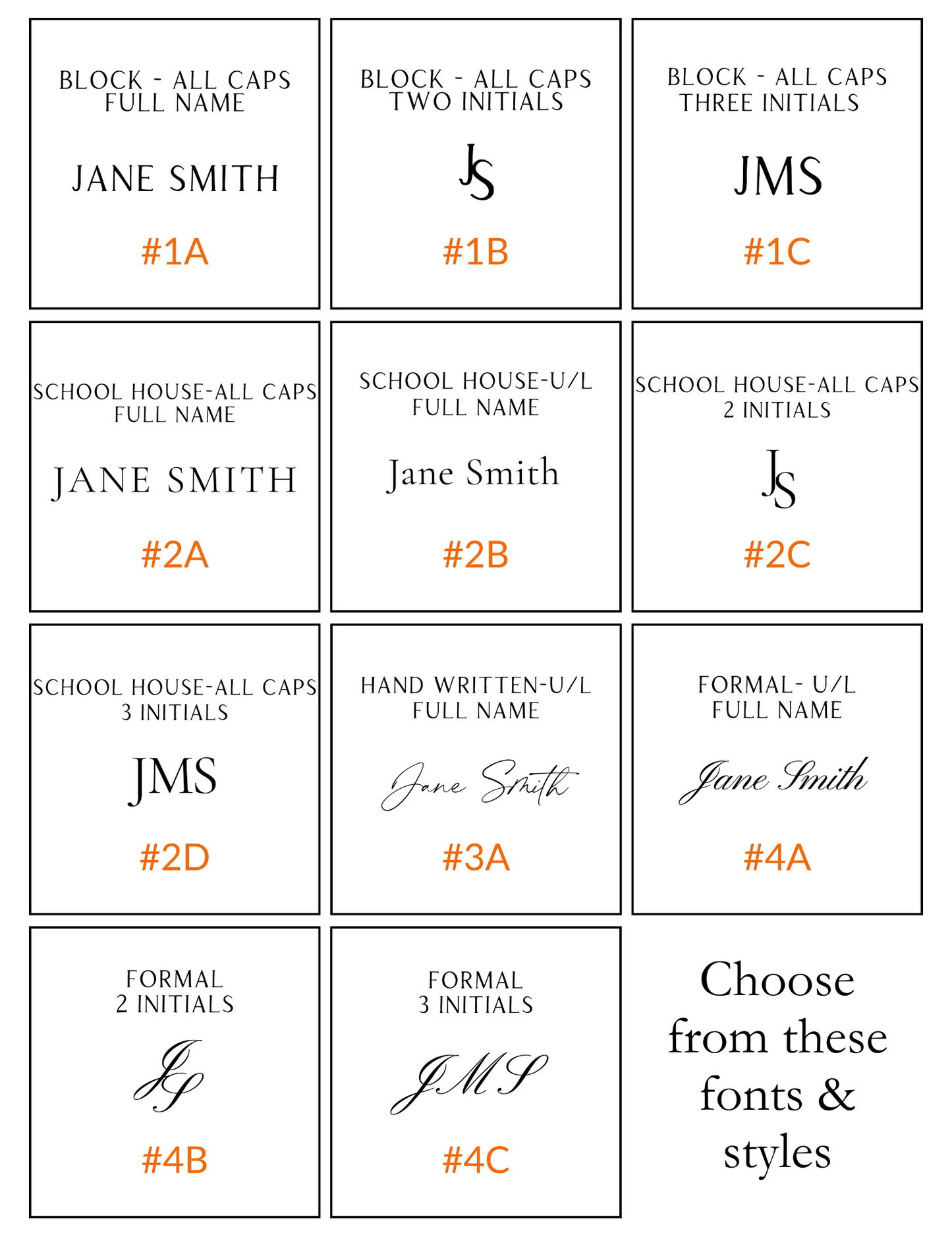 Collection of name label designs with various fonts and styles on a white background.