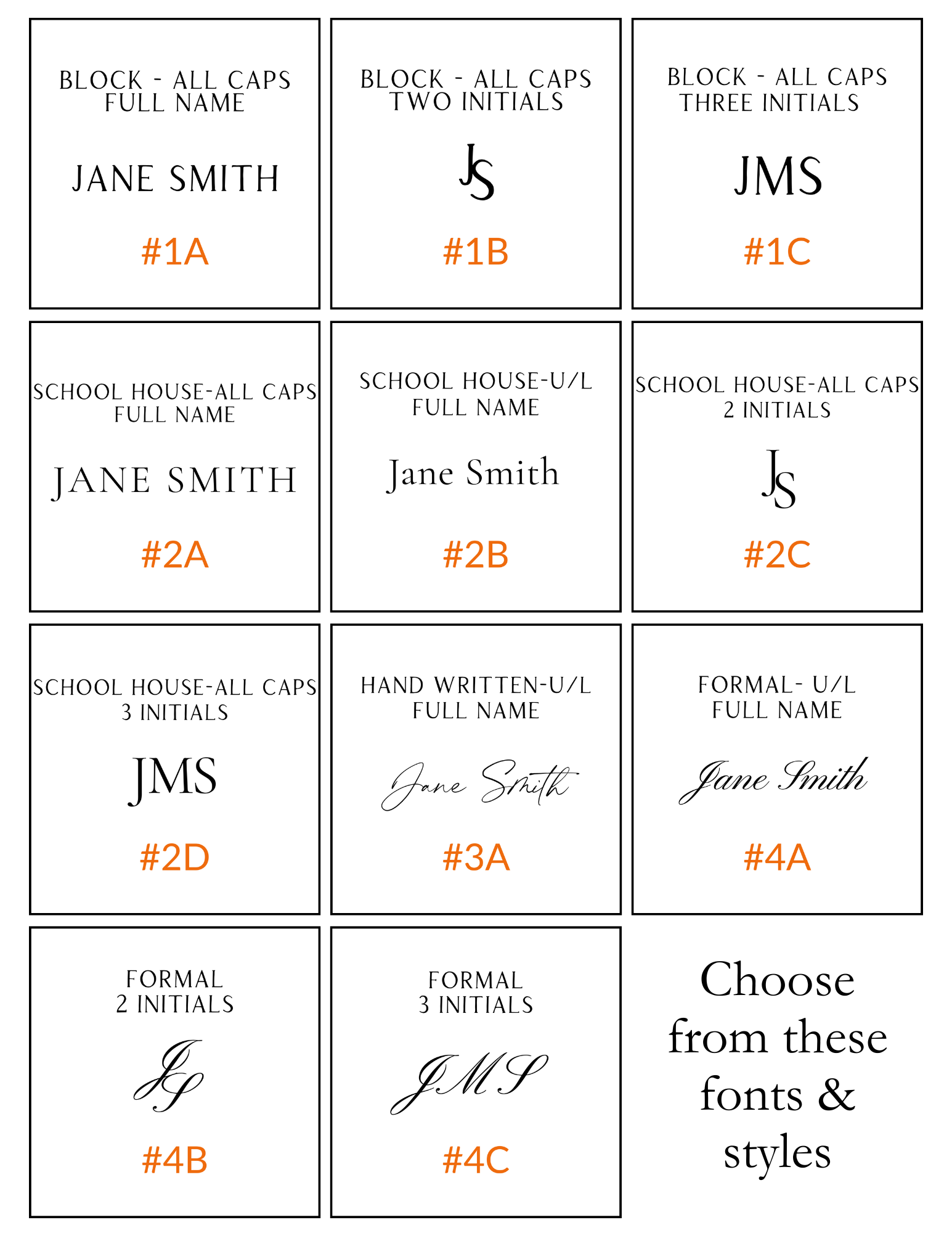 Collection of name label designs with various fonts and styles on a white background.