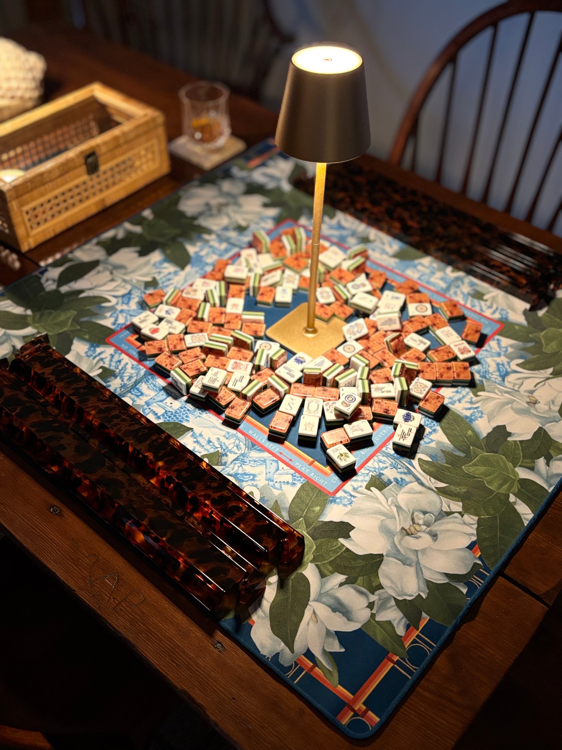 Photo of mahjong mat by Amy Crews set up for two players