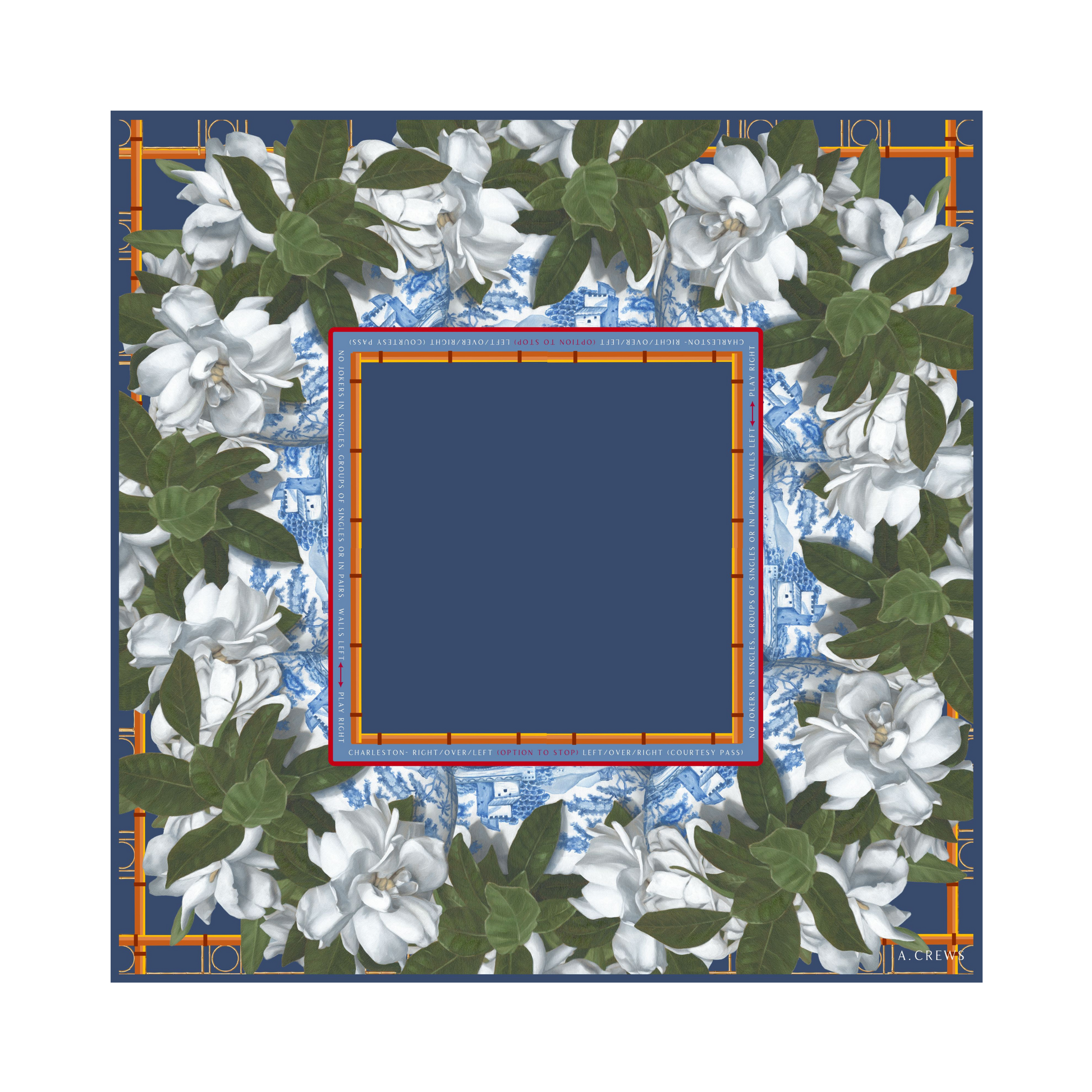 white floral mahjong playing mat with blue center and bamboo accent frame