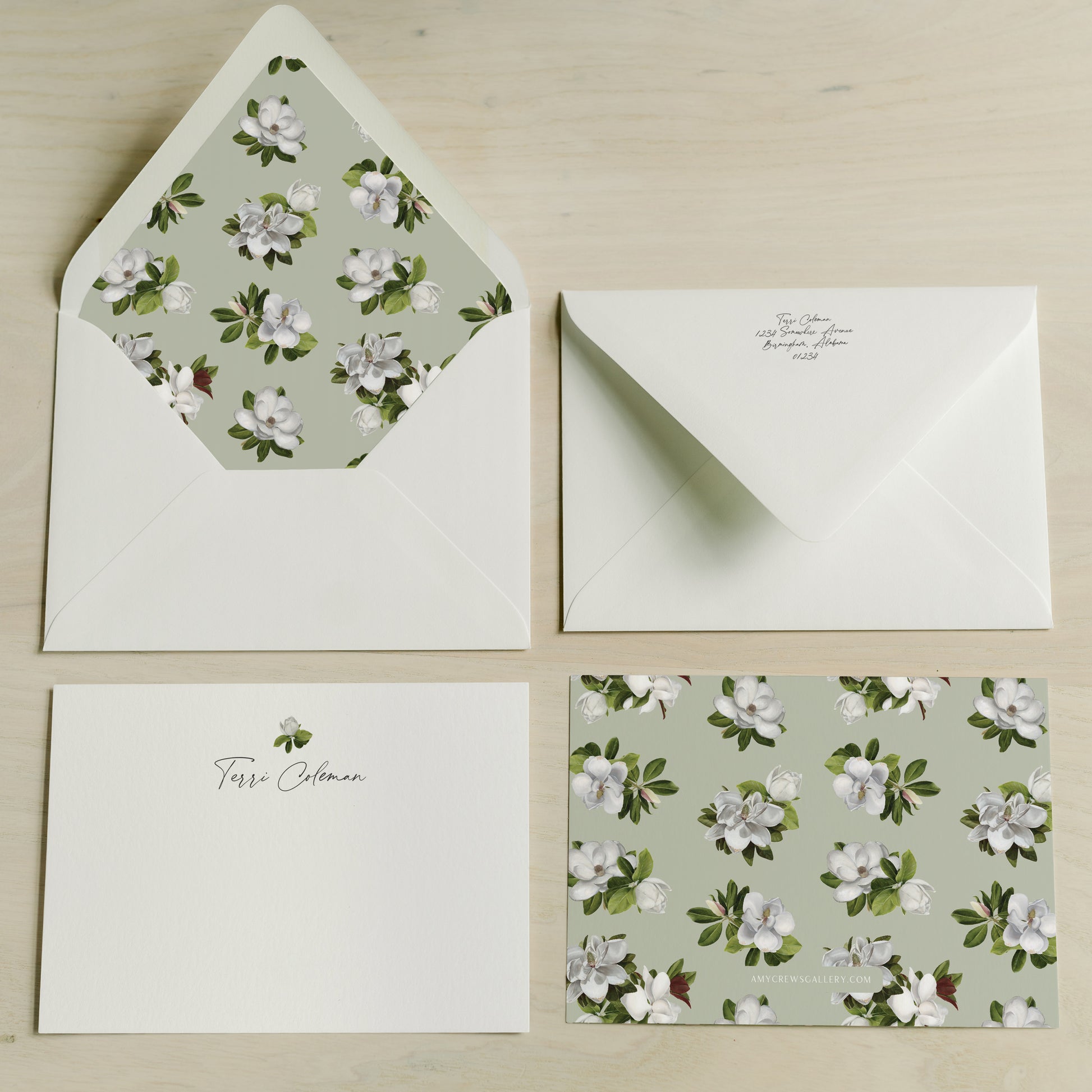 Magnolia Pattern Green Personalized Notecards | Custom Fine Art Stationery | Amy Crews Gallery