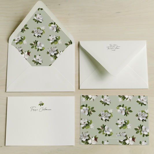 Magnolia Pattern Green Personalized Notecards | Custom Fine Art Stationery | Amy Crews Gallery