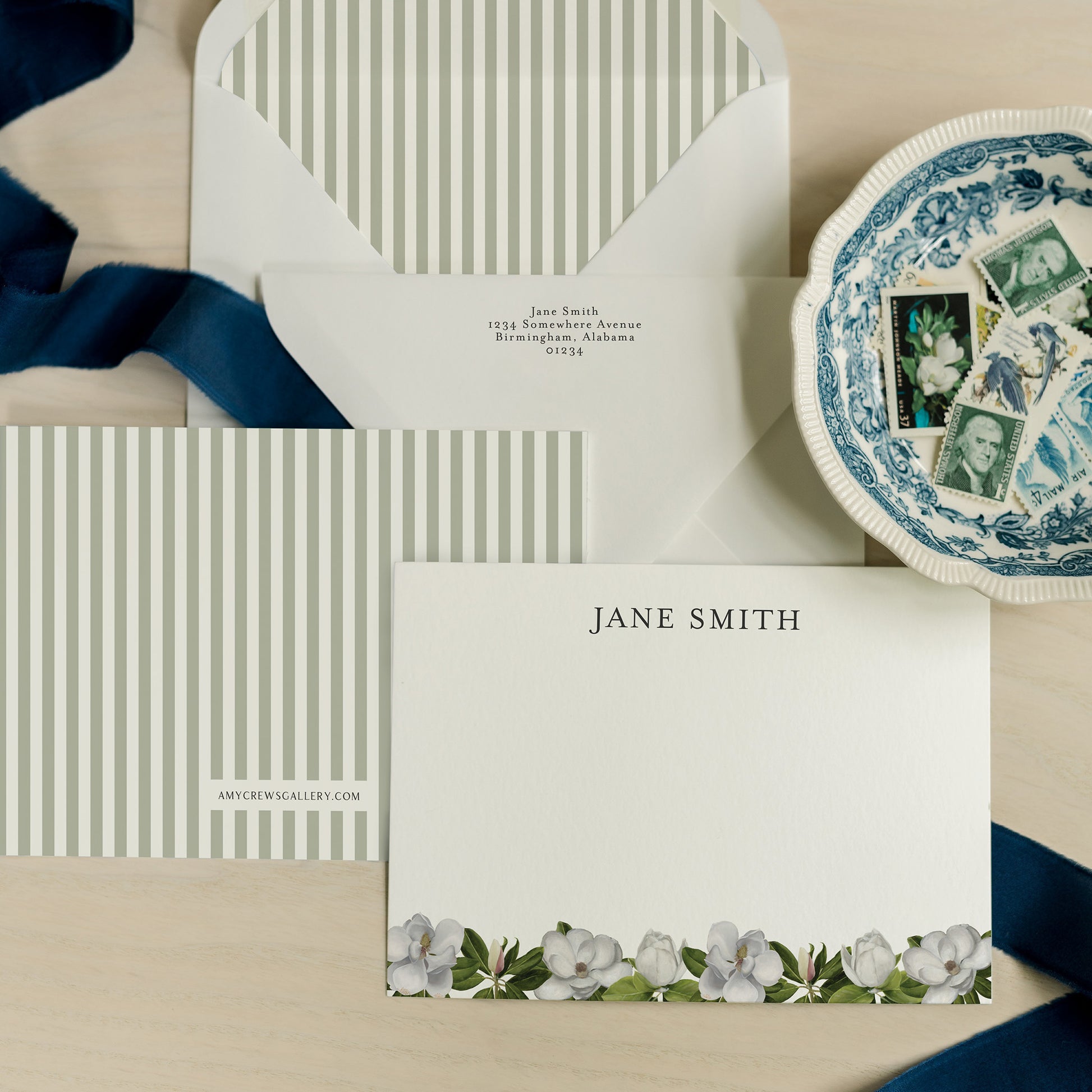 Magnolia Swag Personalized Notecards Green Stripe Accent | Custom Fine Art Stationery | Amy Crews Gallery