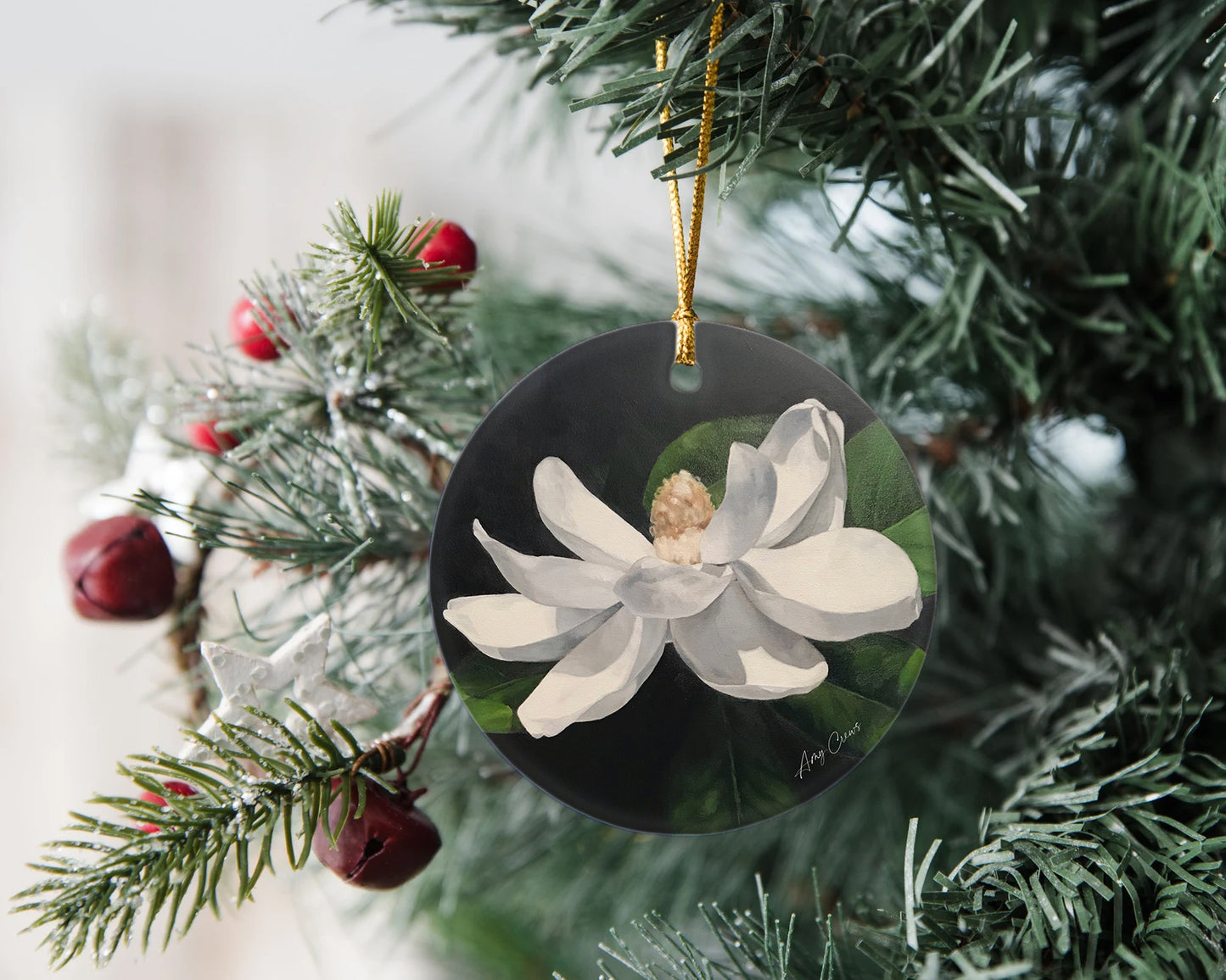 Magnolia round art christmas ornament