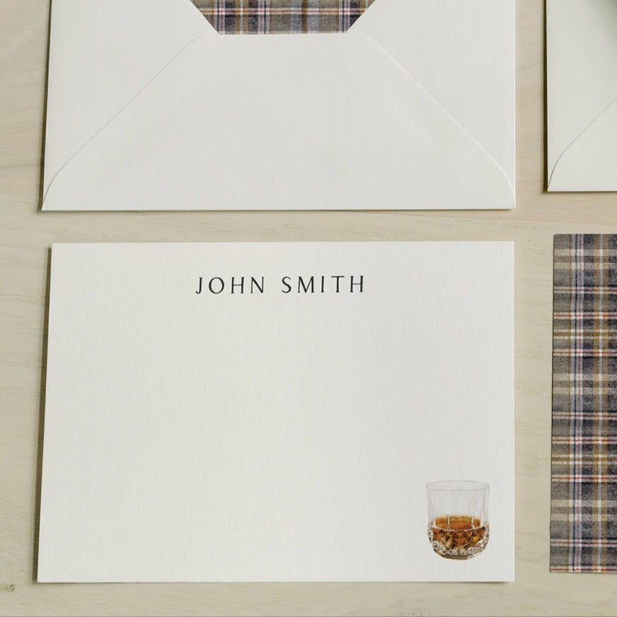 Personalized stationery set with a glass of whiskey and plaid pattern - Amy Crews Art