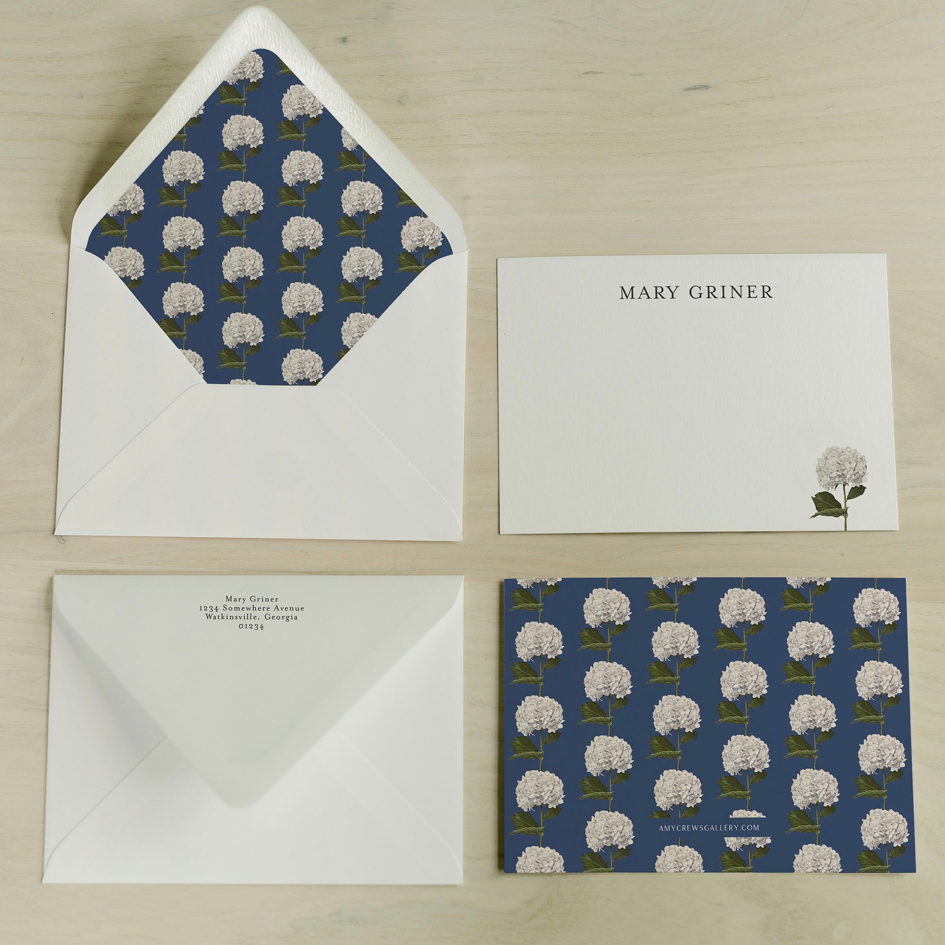 Hydrangea Chain Navy Blue Personalized Notecards | Custom Fine Art Stationery | Amy Crews Gallery