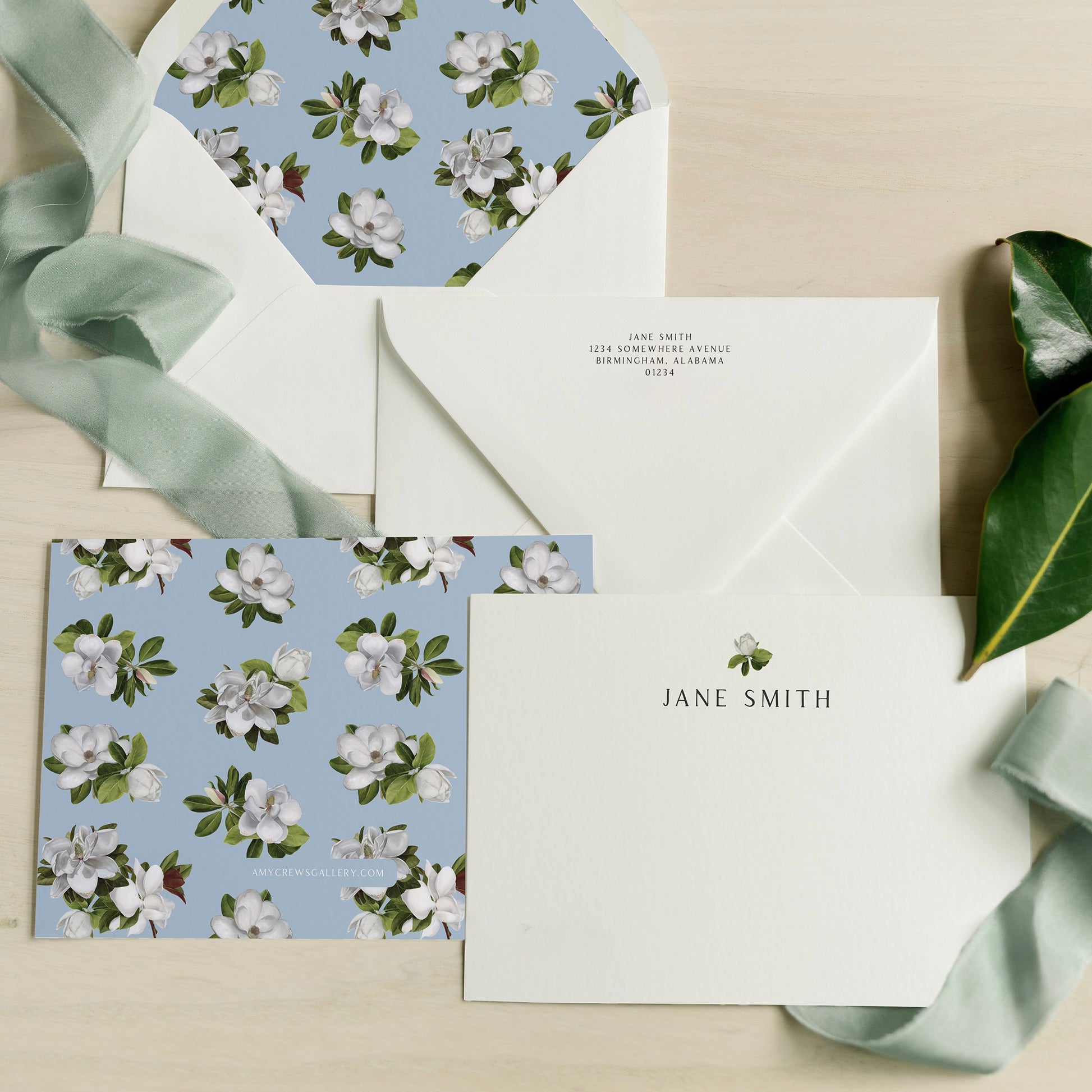 Magnolia Pattern Blue Personalized Notecards | Custom Fine Art Stationery | Amy Crews Gallery