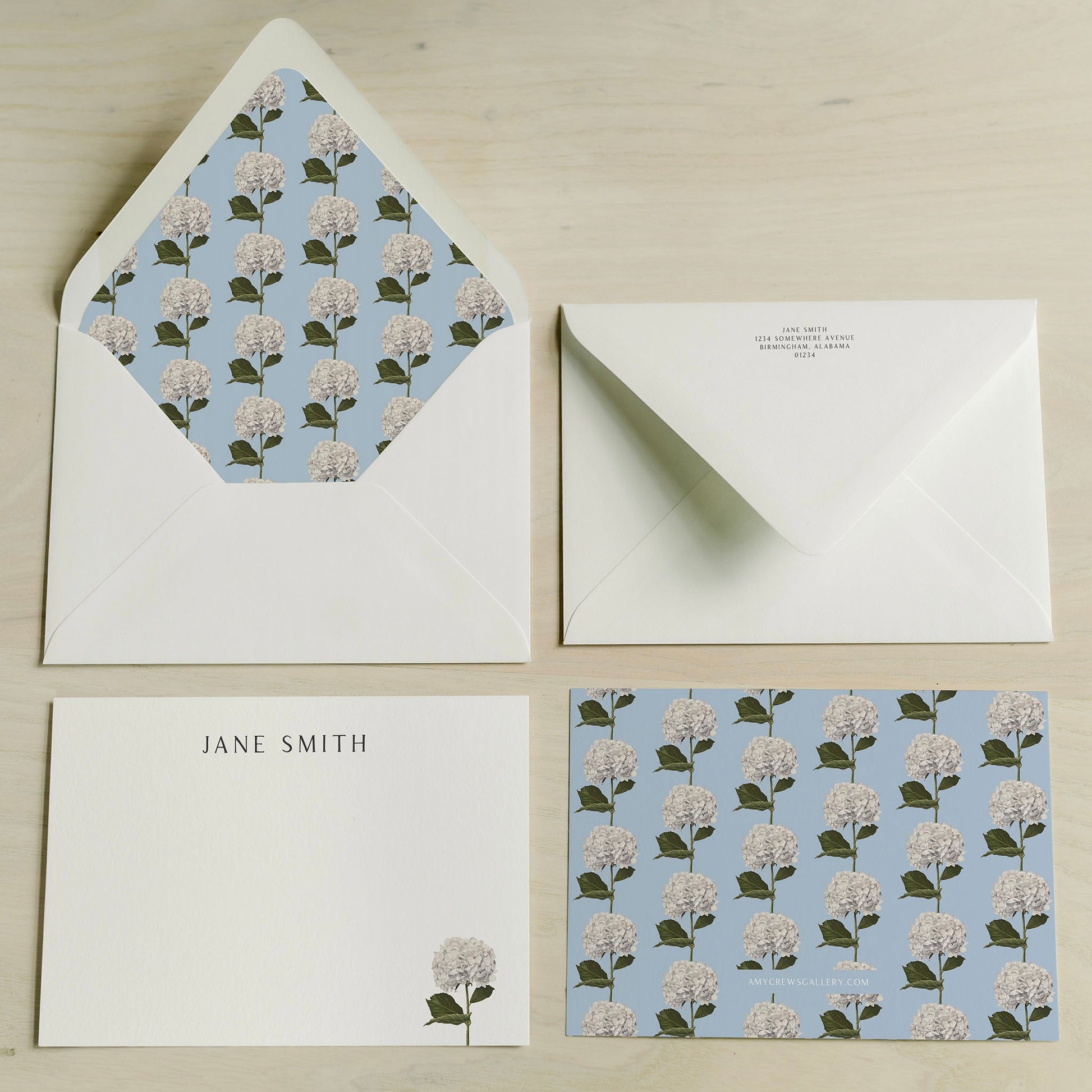 Hydrangea Chain Light Blue Personalized Notecards | Custom Fine Art Stationery | Amy Crews Gallery