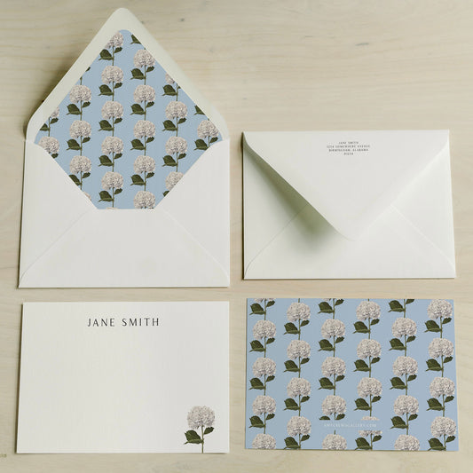 Hydrangea Chain Light Blue Personalized Notecards | Custom Fine Art Stationery | Amy Crews Gallery