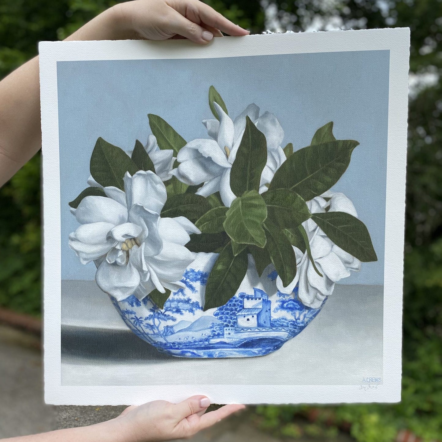 holding heaven scent art print botanicals in a blue and white bowl by Birmingham, AL artist  Amy Crews