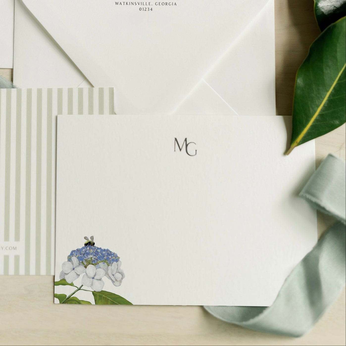 Hydrangea Bee (Green) Close-up Art- Personalized Notecards - Amy Crews Gallery 