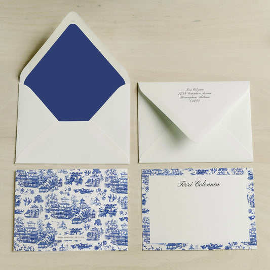  elegant  blue classic chinoiserie print personalized notecards featuring original art by Amy Crews Gallery