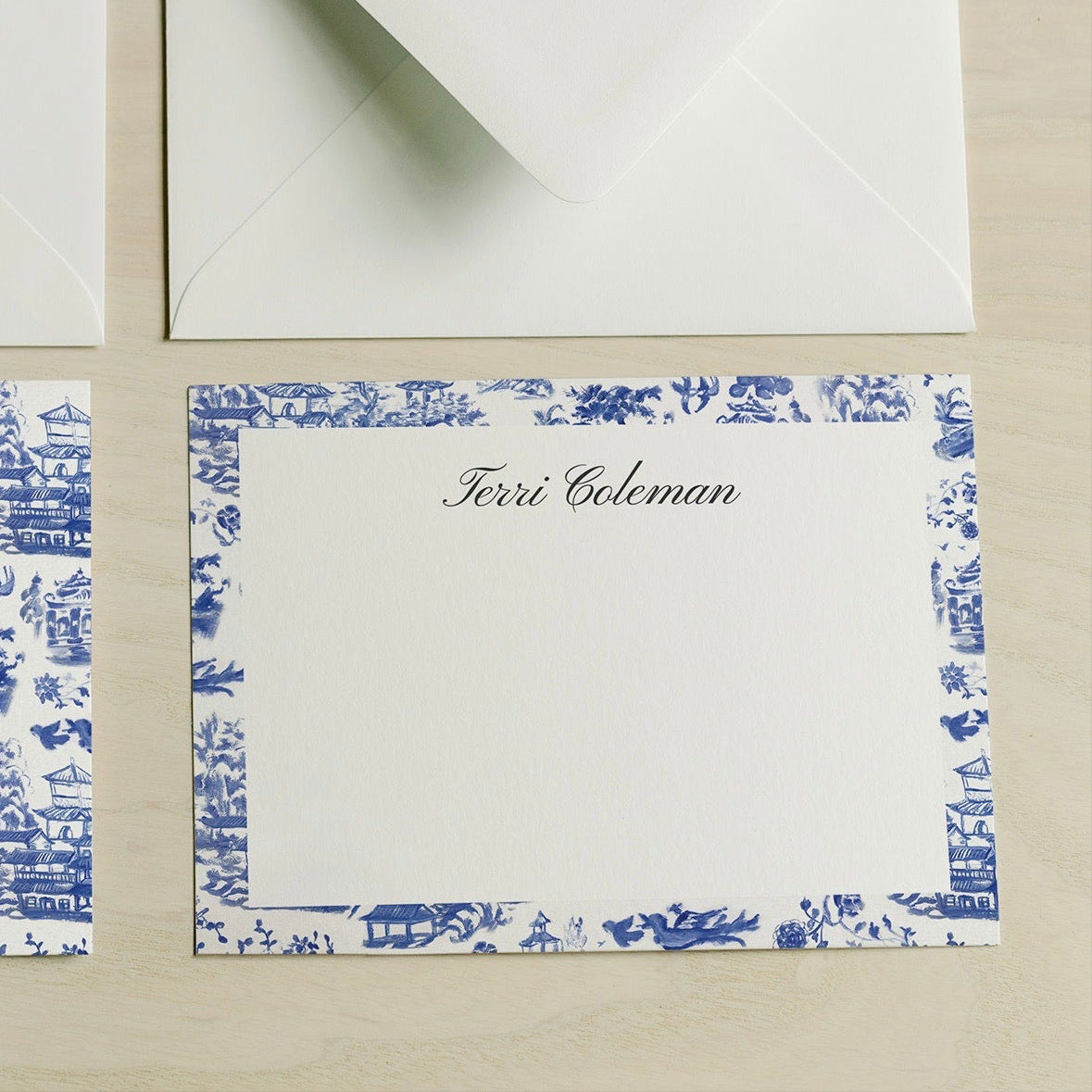  elegant  blue classic chinoiserie print personalized notecards featuring original art by Amy Crews Gallery notecard detail