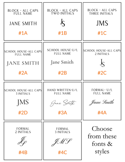 Collection of name label designs with various fonts and styles on a white background.