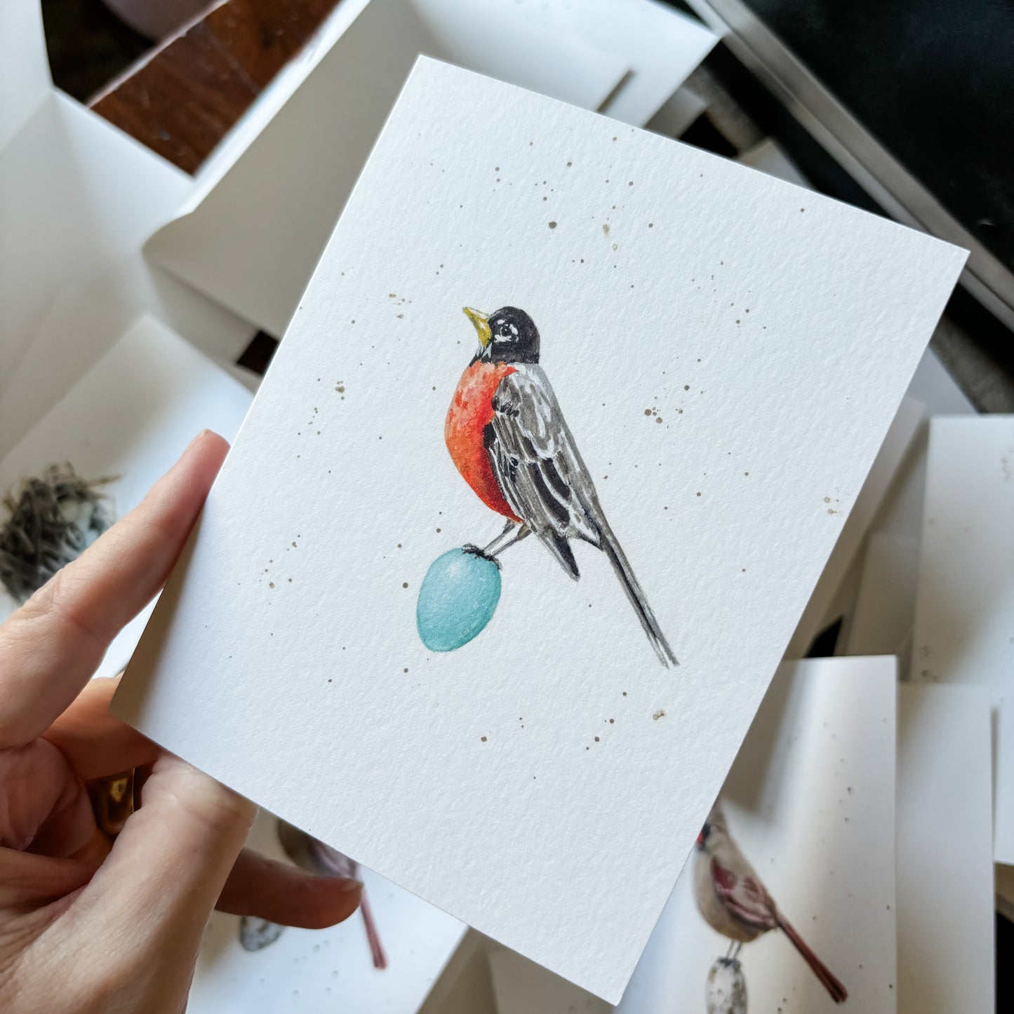 Red Robin and Blue Egg Note Card Amy Crews Art