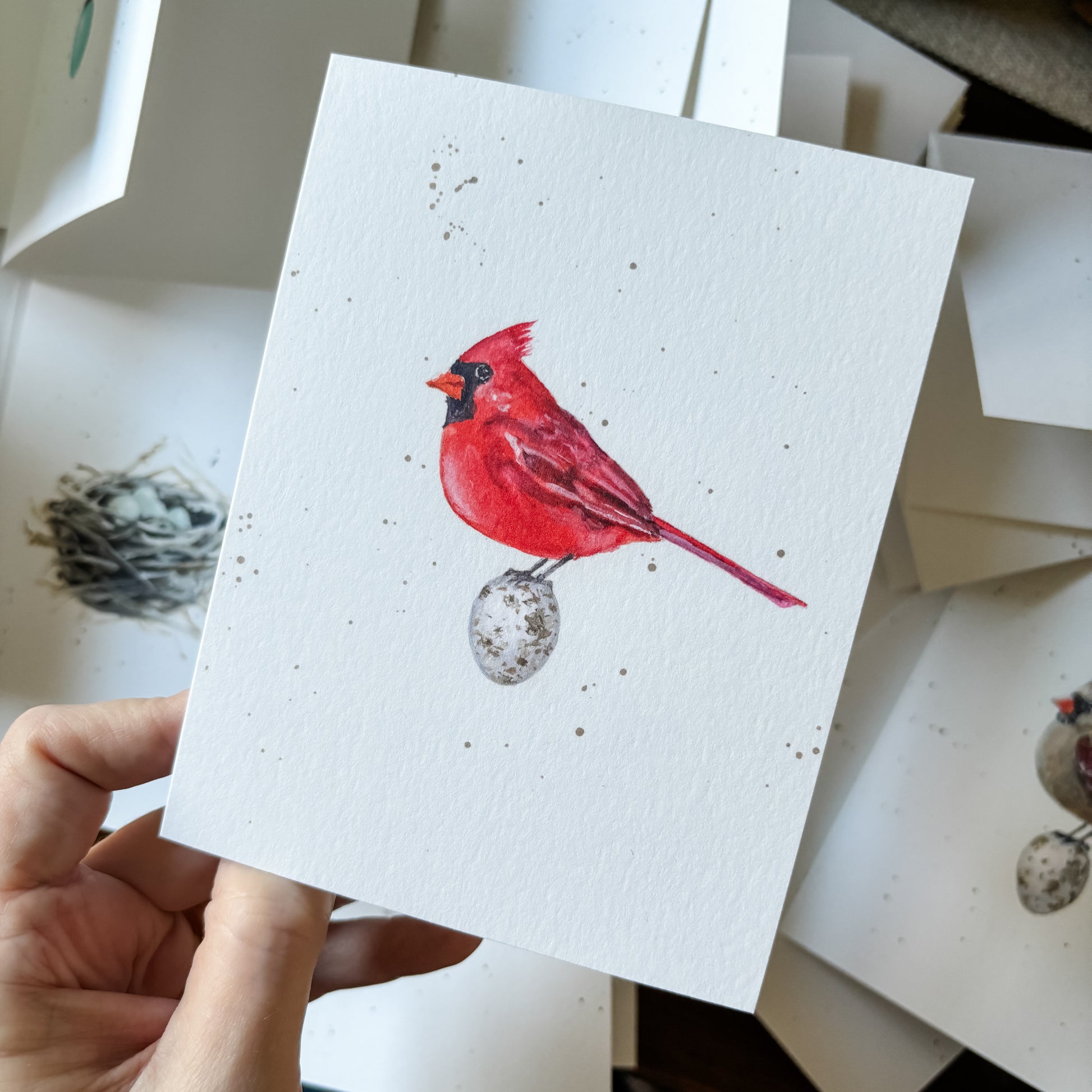 Red cardinal with egg notecard painted by Amy Crews