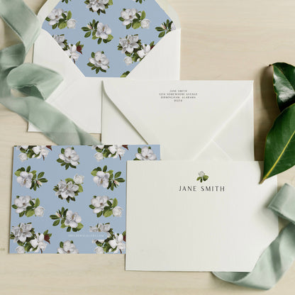Magnolia Pattern Blue Personalized Notecards | Custom Fine Art Stationery | Amy Crews Gallery